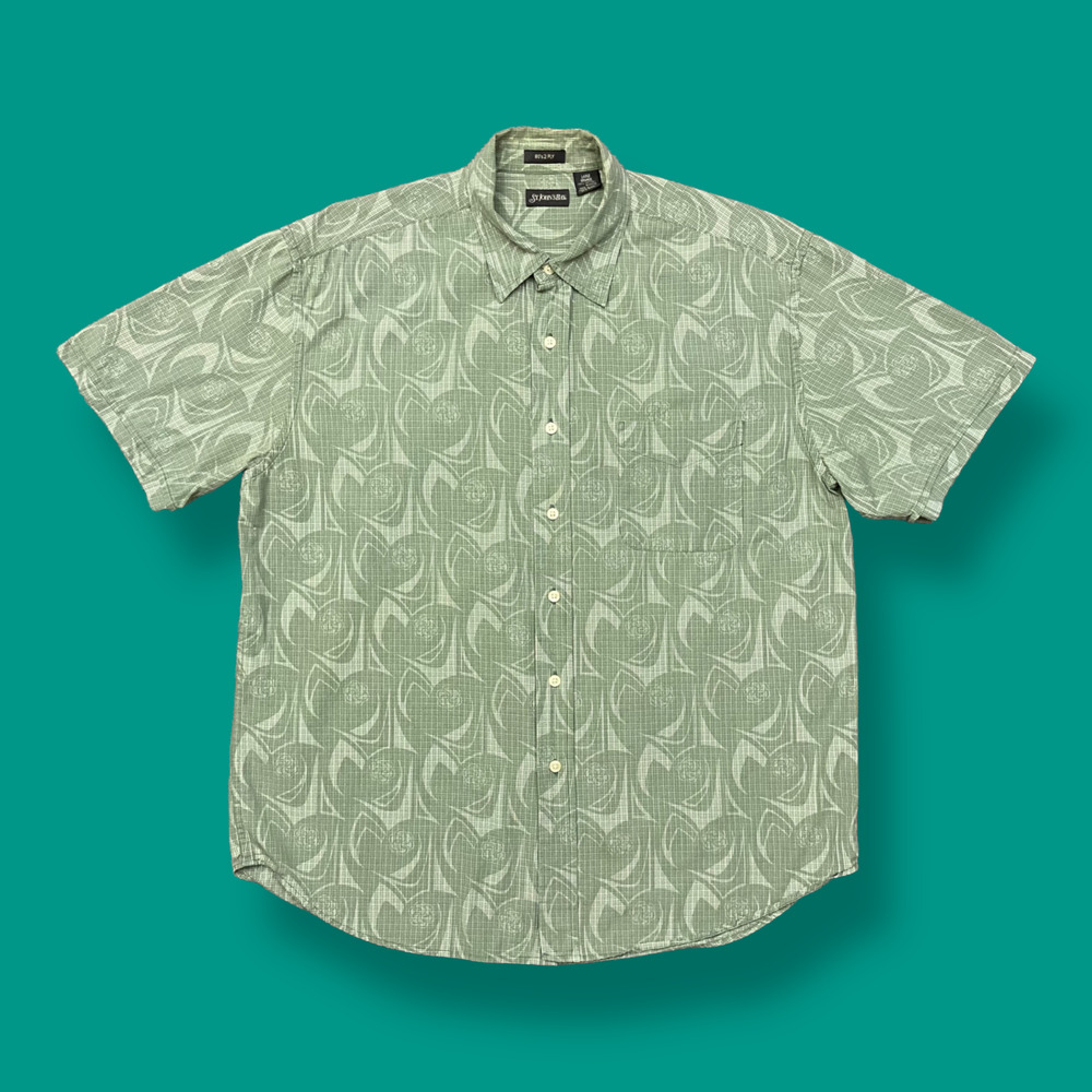 Vintage Hawaiian Shirt Floral Aloha Button Down 80s 2-Ply Cotton Green Large